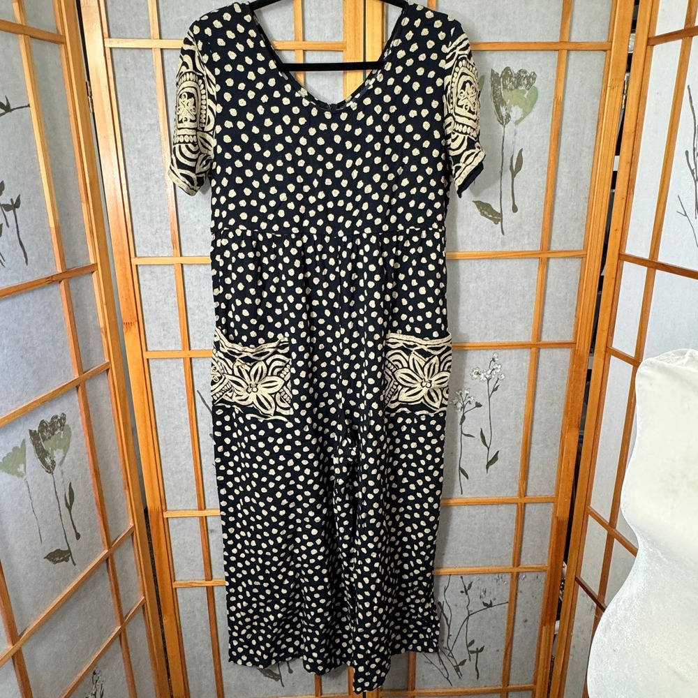 Vintage All That Jazz Polka Dot Jumpsuit Black Tan Floral Rayon 90s Size 7/8